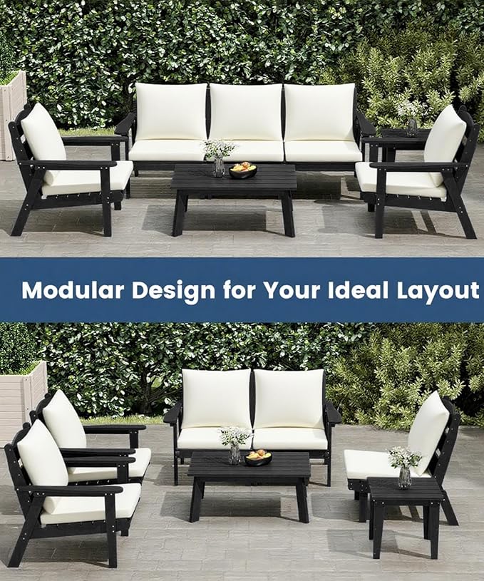 FOOWIN 7-Piece Patio Furniture Set, HDPE All-Weather Outdoor Conversation Set with Thick Cushions, Sectional Patio Sofa Furniture for Deck, Porch, Lawn, Garden, Black Frame & White Cushion