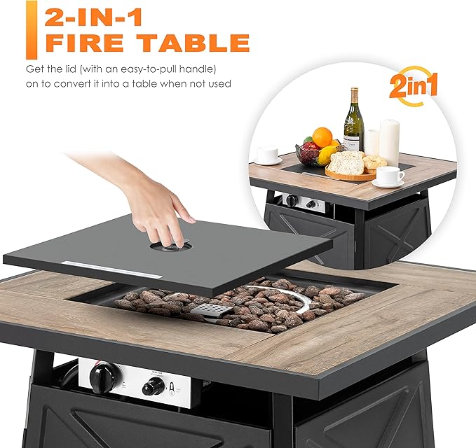 Nuu Garden 28 Inch Outdoor Propane Fire Pit Table, 50,000 BTU Square Gas Fire Table with Ceramic Tabletop, Lid, Cover, Lava Rock for Garden Backyard Party, Black