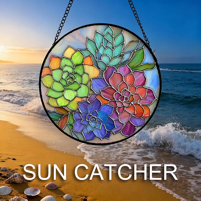 QZQCBLC Stained Glass Window Hanging Colorful Succulents 9.8" - Flowers Suncatcher Door Garden Sun Catcher Home Decor Birthday Christmas for Mom Men Woman Friends Nana Wife