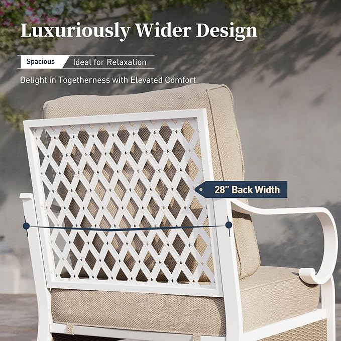 4 PCS Metal Outdoor Patio Furniture Set, Patio Conversation Sets 1 3-seater Sofa, 2 Swivel Chairs with 5.75" Extra Thick Cushion and Coffee Table, White Frame Backyard Furniture, Beige