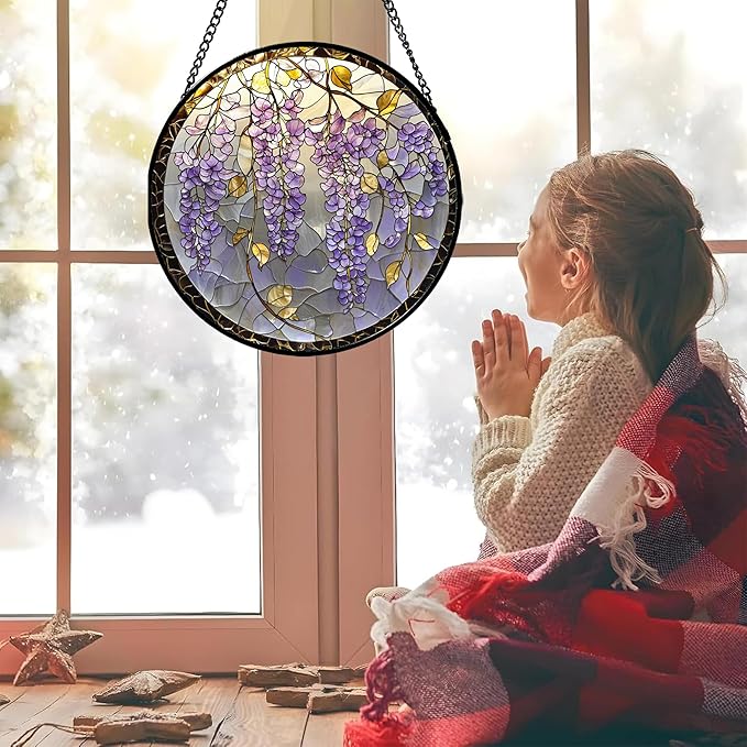 AMDERVEN Stained Glass Window Hanging - Wisteria Flower Golden Leaves Sun Catcher for Door Home Decor Plant Suncatcher Christmas Mother's Day Birthday Gifts for Women Men Lovers Mom Nana 15 in