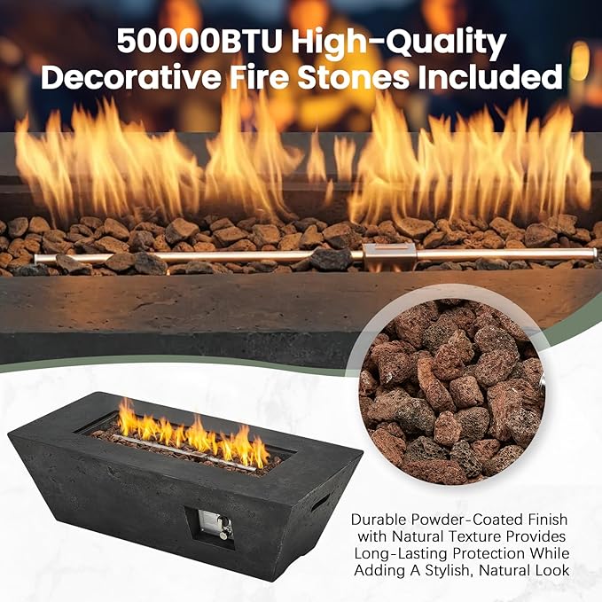 ECOTOUGE Propane Fire Pit, Outdoor Gas Fire Pit Table Set w/Side Handles, 42''Auto-Ignition Steel Fire Table, 50,000 BTU Trapezoid Concrete Fire Pit, Weather-Resistant Pit Cover, smokeless, Black