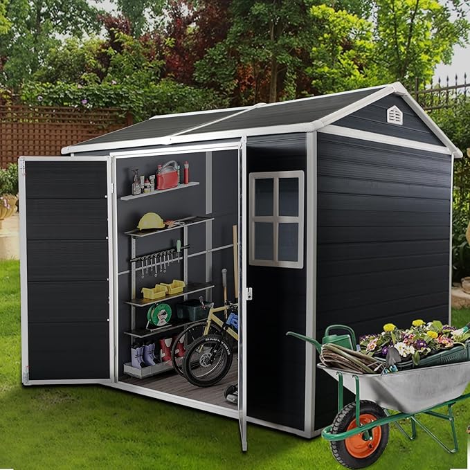 8x4 FT Outdoor Storage Shed,Waterproof Resin Garden Shed with Windows, Lockable Doors, and Sloped Roof,Tool Storage for Patio, Backyard, Lawn, Black