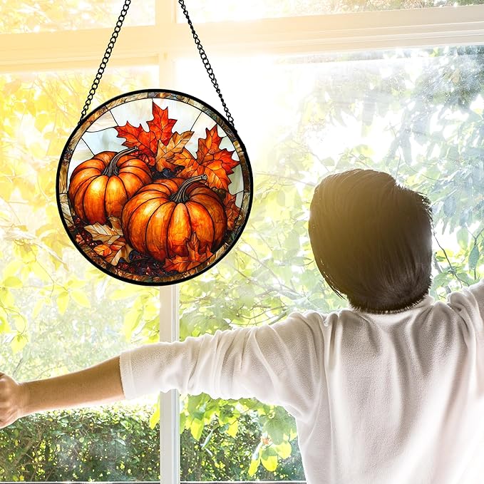DASTOLL Stained Glass Window Hanging, Pumpkin Maple Leaf Suncatcher for Doors Home Sun Catchers Decoration and Christmas, Mother's Day Birthday Gifts for Women, Men, and Mom 7.8 in