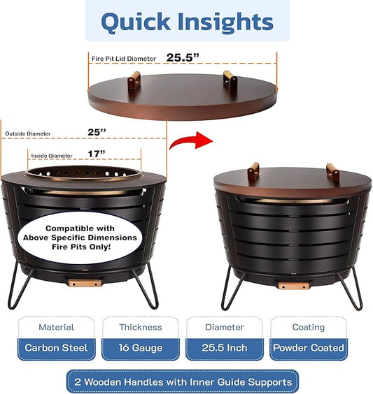 25.5” Round Fire Pit Lid – Bronze Coated fire pit cover round metal for Outdoor Fireplace 16 Gauge Steel Flat Fire Pit Burner Pan Cover with Wooden Handle Snuffer Lid for Round Patio Fire Pit