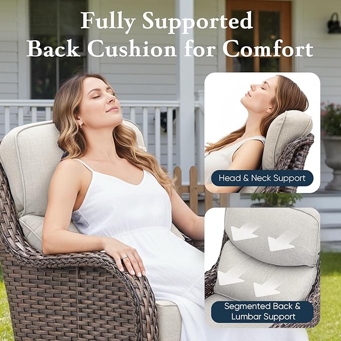Belord Luxury 6" Thick Cushioned Outdoor Swivel Rocker Patio Chairs with Side Table, 3 Pieces High Back Wicker Furniture Set with Ergonomic Back, Conversation Gliders Set for Deck Porch - Brown+Beige