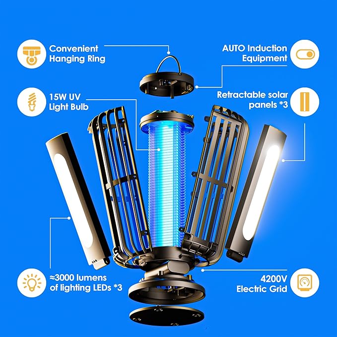 TYPEC Bug Zapper, Solar Bug Zapper with 3 Solar Charging Panels, IP65 Waterproof Mosquito Zapper, 4200V Mosquito Zapper with LED Light, Outdoor Indoor AUTO ON/Off