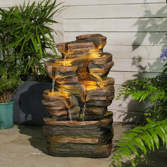 Bumilgar 24.2" H 6-Tier Outdoor Water Fountain, Features Rock Garden Waterfall Fountains with Warm Lights, Floor-Standing for Patio, Backyard, Deck, Porch, Home Décor, Brown