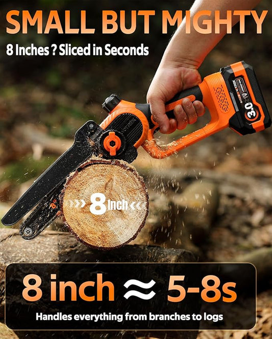 VOTREK 8-INCH Mini Chainsaw Cordless, [3.0AH] Battery Powered Electric Chain Saw, Handheld Small Hand Saw for Wood Cutting Tree Trimming Branch Cutter [Auto Oiler] [Tool-Free Tensioner] [Brushless]