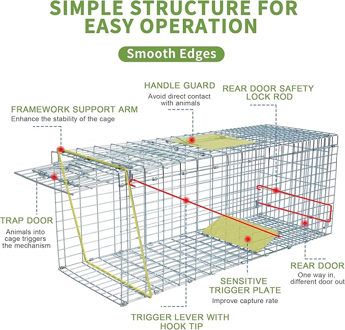 Rockever Live Animal Trap Cage with Cover, Cat Trap for Stray Cats 37 Inch Heavy Duty Folding Skunk Traps with Real Door for Raccoons, Opossums, Groundhogs, Skunks, Feral Cats, Squirrels