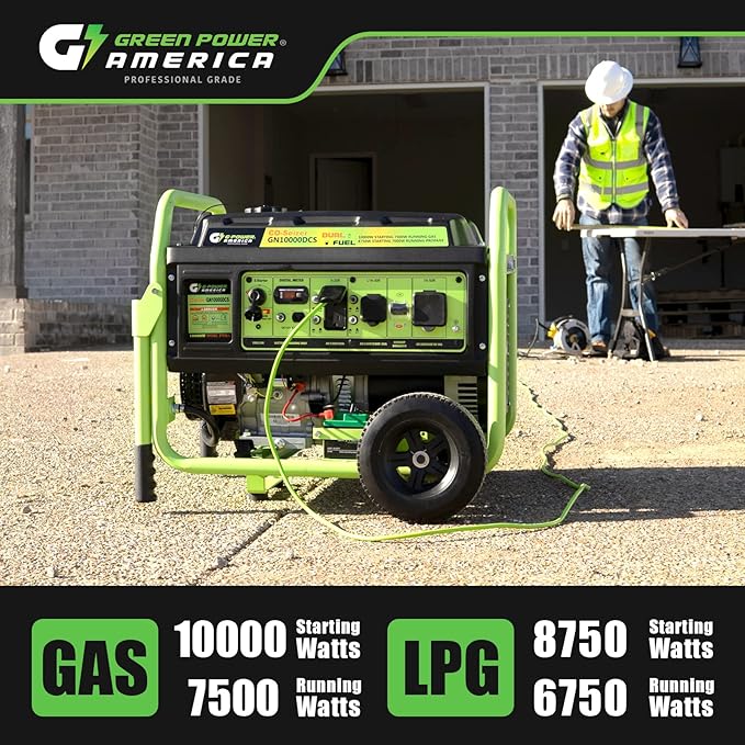 Green-Power America Dual Fuel Portable Generator 10000 Watt,Gas or Propane Powered,Electrical/Recoil Start, Equipped with CO-Seizer CO Protection System