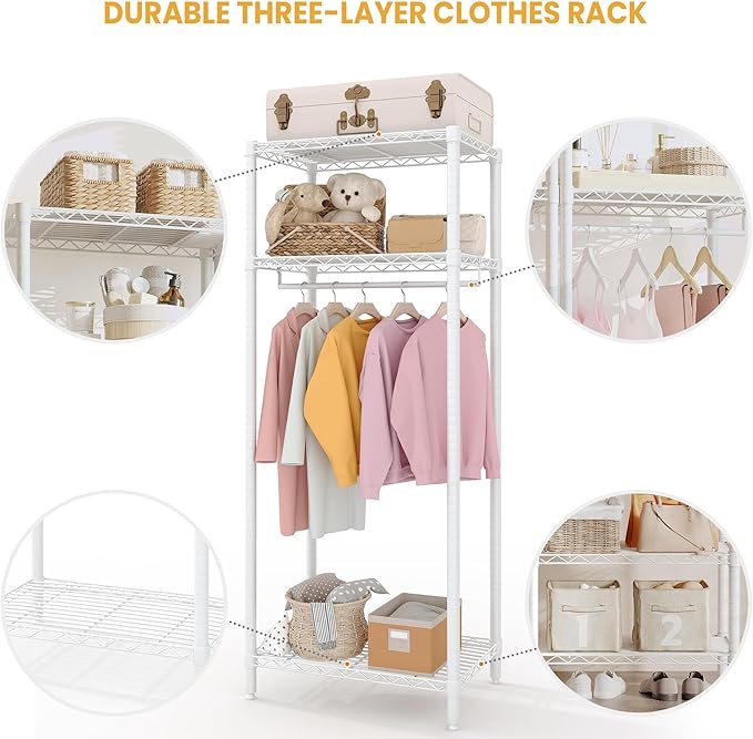 Clothes Rack, 684LBS Load Heavy Duty Metal Garment Rack with Adjustable Storage Shelves, 3-Tier Freestanding Closet Organizer for Hanging Clothes, for Bedroom, Laundry, Living Room