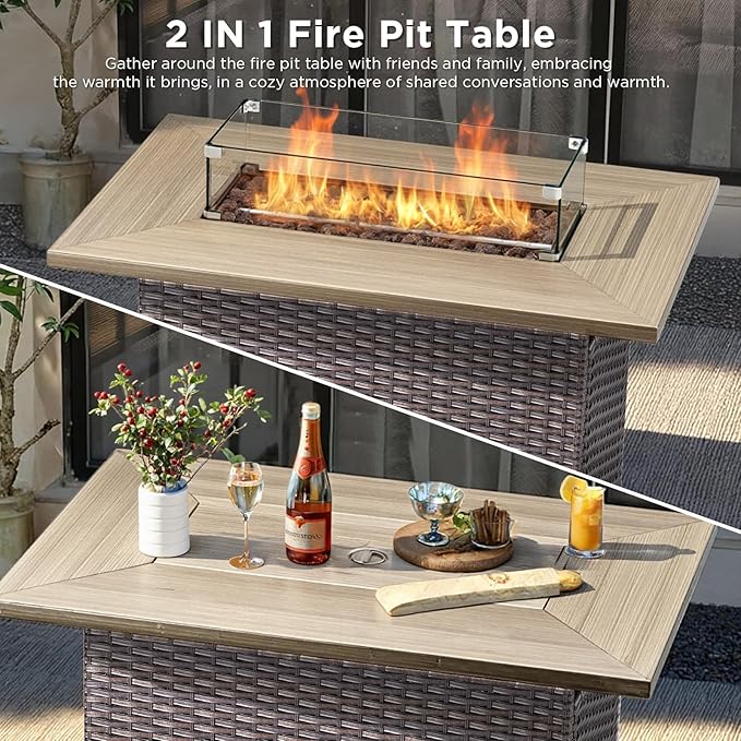Patio Furniture Set with 42.5" Fire Pit Table-8 Pieces All Weather Wicker Outdoor Furniture with High Back Swivel Patio Chairs Set of 2 Outdoor Couch for Deck Balcony Backyard Brown/Blue