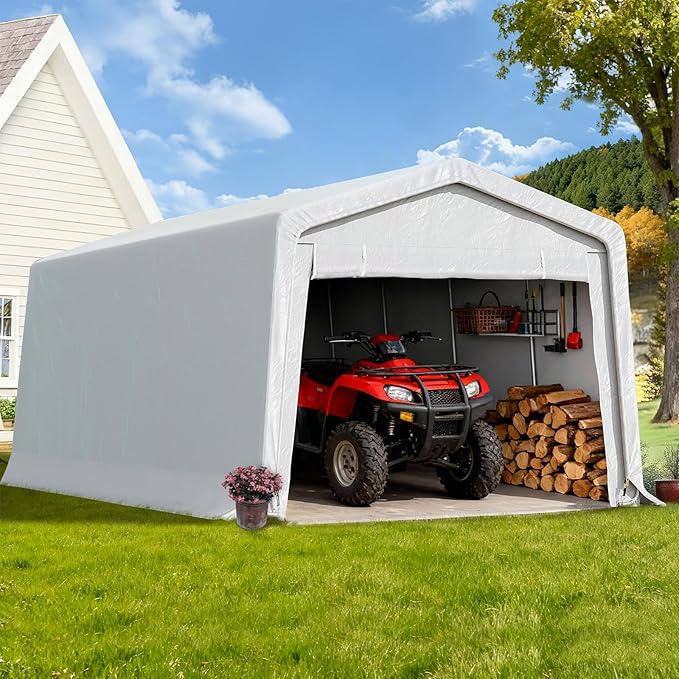 StarEcho 10x20FT Heavy Duty Outdoor Storage Shelter Carport, Portable Garage for Garden Tool, Car, Lawn Mower & Bike, with Galvanized Steel Frame, Dual Doors, Thickened PE Tarp (White)