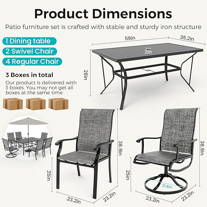 7-Piece Outdoor Dining Set, Patio Furniture Set with 2 Textilene Swivel Chairs & 4 Regular Chairs,Patio Dining Set with 1 Rectangular Table for Garden, Backyard, Poolside, Deck, Charcoal