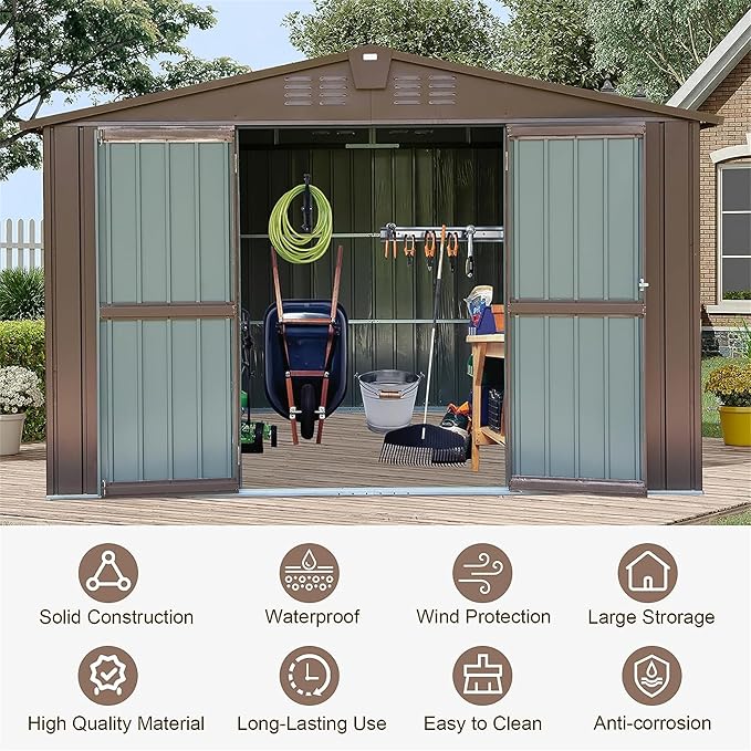 10x8ft Outdoor Storage Shed, Galvanized Steel Garden Shed with Gable Roof, Lockable Double Doors and 32 Vents, Large Bike and Tool Storage for Backyard Lawn
