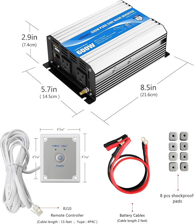 GIANDEL Power Inverter Pure Sine Wave 600Watt 12V DC to 120V AC with Remote Control Dual AC Outlets ETL Listed UL458 Standard for Small Solar System Outdoor Emergency