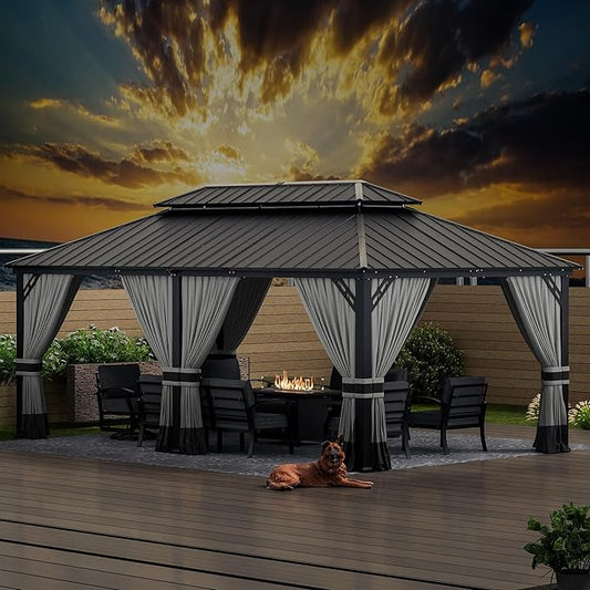 12x20ft Hardtop Gazebo Double Roof, Outdoor Pavilion with 2-Layer Hard top Galvanized Iron Frame Garden Tent, Suitable for courtyards, backyards, Decks, and Grass