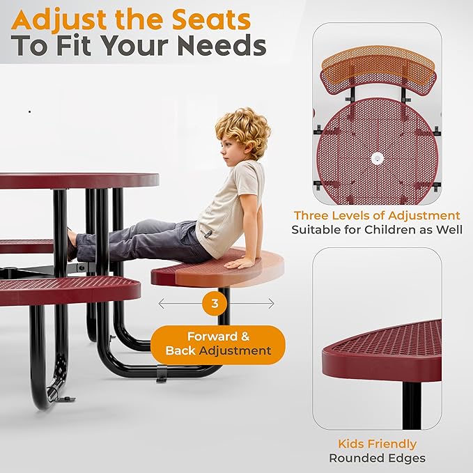 OUTTANS Metal Picnic Tables for Outdoors with Umbrella Hole - Coated Steel Heavy Duty Commercial Grade Furniture Set with Adjustable Seats (Red, 46 in, Round, Expanded Steel)