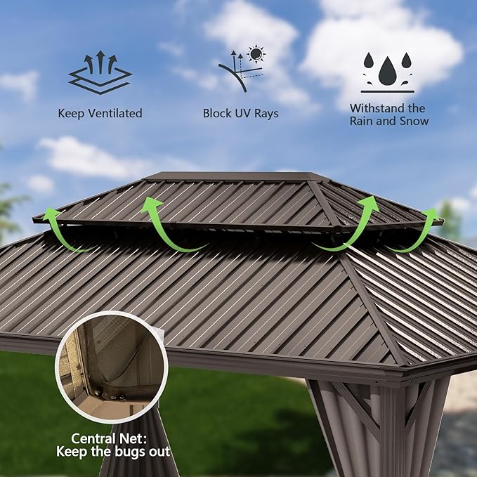 Domi 10x14 FT Outdoor Gazebo, Hardtop Gazebo with Galvanized Steel Double Roof, Metal Gazebos with Drainage System Patio Pergola for Patio Deck Backyard,Curtain and Netting, Brown