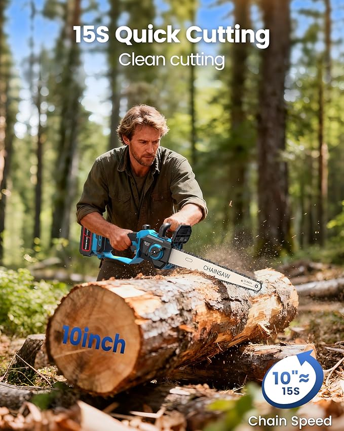 DocSmart Chainsaw Cordless 12 Inch, Electric Chain Saw with 2*4000mAh Rechargeable Batteries, Powerful Handheld Saw for Tree Trimming Wood Cutting, Perfect Gardening Tools for Thick Branches and Logs