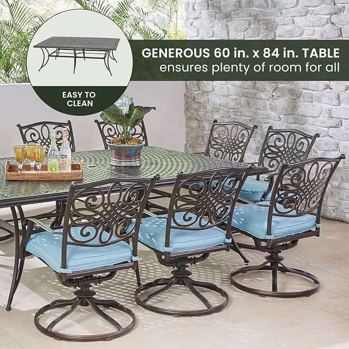 Hanover Traditions 11-Piece Modern Outdoor Dining Set with Rust Resistant Cast Aluminum Rectangular Large Dining Table and 10 Swivel Rocker Chairs with Plush Weather Resistant Blue Cushions