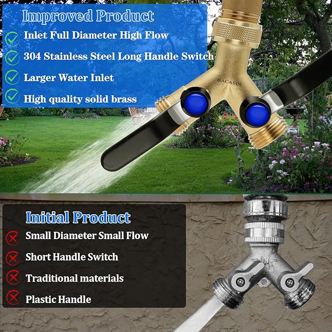 Brass Garden Hose Splitter, Hose y Splitter with Shutoff, Hose Splitter 2 Way Heavy Duty, Brass Y-Valve Water Garden Hose Adapter 2-Way Y-Valve 3/4" GHT Threads