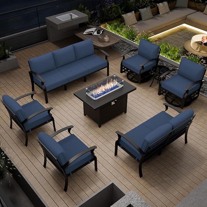 Aluminum Patio Furniture Set with Fire Pit Table, 9 Seats Outdoor Patio Conversation Set with Swivel Chair Modern Metal Patio Sectional Sofa with Upgrade Cushions for Patio, Backyard (Navy)