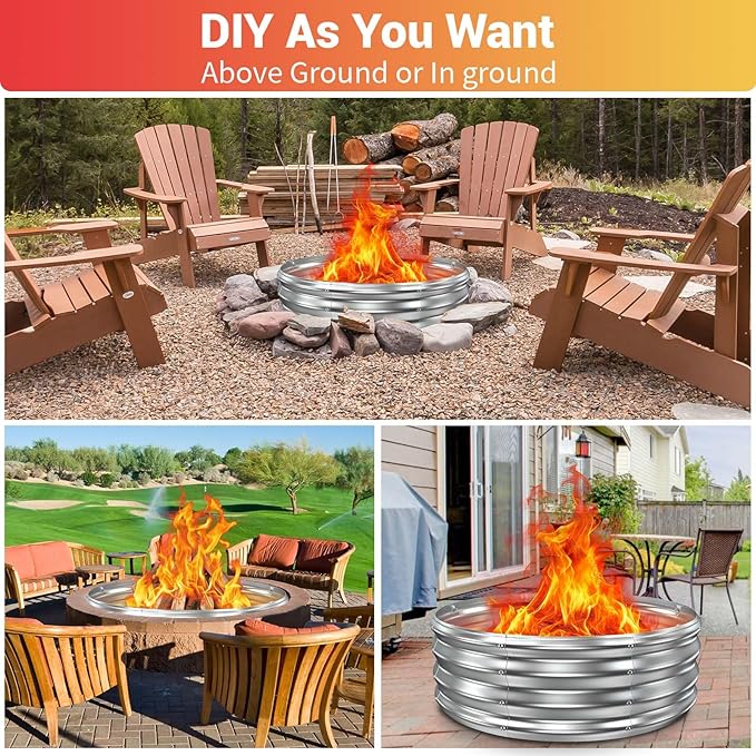 36 Inch Fire Pit Ring for Outside, Heavy Duty High Heat Resistant Outdoor Wood Burning Firepit & Fireplace, 12" Tall,Portable Galvanized Steel Fire Pits Bowl for Backyard Bonfire,Patio,Camping,Round