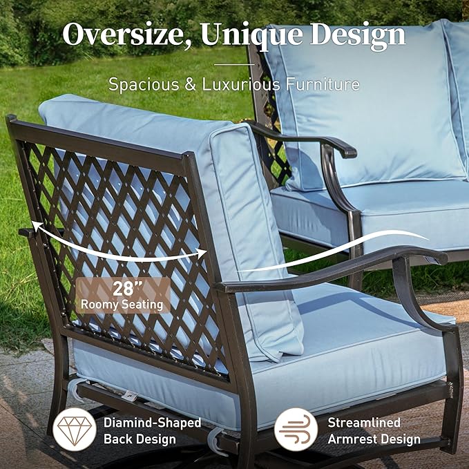 5 Piece Metal Outdoor Patio Furniture Set with Fire Pit Table, Patio Conversation Sets 4 Fixed Chairs with 5.75" Thick Cushion and 5000 BTU Fire Pit Table, Backyard Furniture, Blue