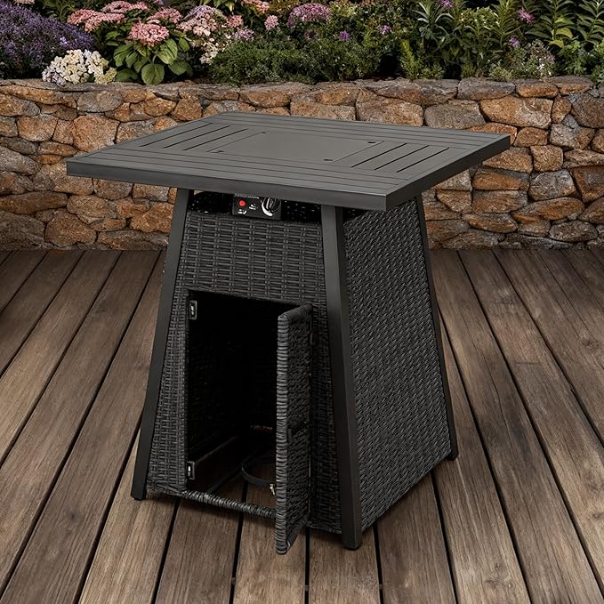 38" Outdoor Propane Fire Pit Table, 50000 BTU Gas Fire Table with Premium Metal Tabletop, Wicker Fire Pit w Rain Cover and Glass Wind Guard for Backyard,Garden,Patio
