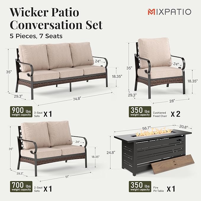 Patio Furniture Set with Firepit Table, Black Frame Outdoor Conversation Set with 2 x Fixed Chairs, 1 x 2-Seat Sofa, 1 x 3-Seat Sofa for Lawn Garden Backyard, Beige