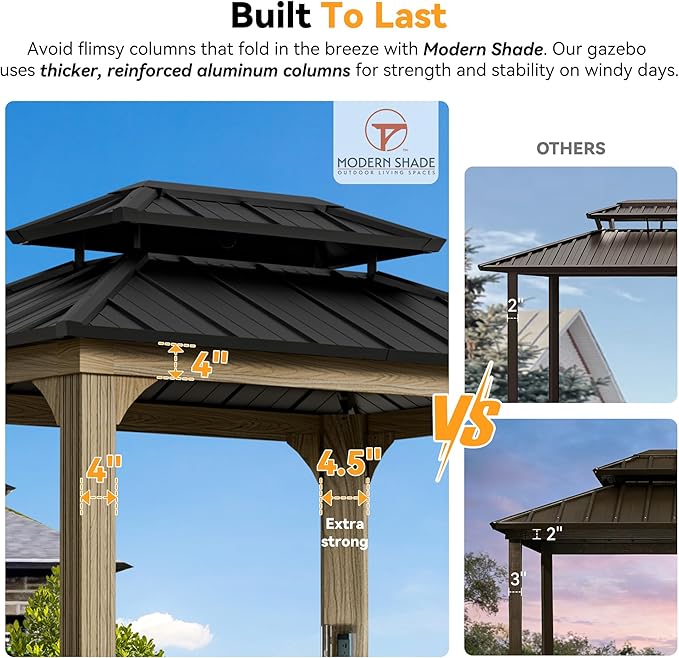Modern Shade Grill Gazebo 6' X 8', Aluminum BBQ Gazebos with Shelves and Ceiling Hook, Grill Canopy Hardtop with Galvanized Steel Roof, Outdoor Grill Gazebo with Extra-Wide Column Design, Wood Grain