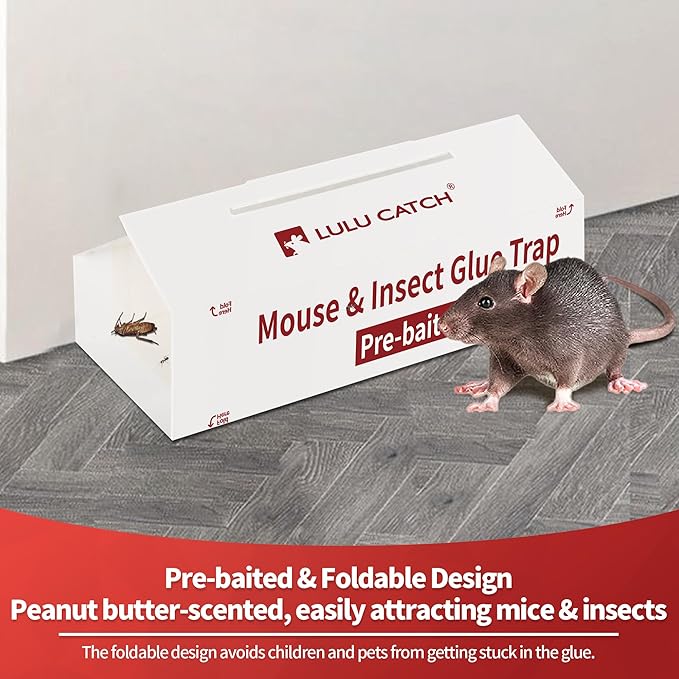 LULUCATCH Mouse Traps, 12 Pack Pre-Baited Sticky Mouse Traps Indoor for Home, Foldable Non-Toxic Bulk Sticky Pads, Glue Traps for Rats, Bugs, Spider, Mice, Cockroach, Pet Safe Pest Control ﻿