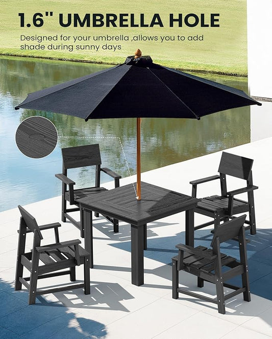 SERWALL HDPE Outdoor Dining Set, Square Table and Chairs Set All Weather Patio Dining Set, 5-Piece Patio Dining Furniture for Deck, Garden, Backyard, Black