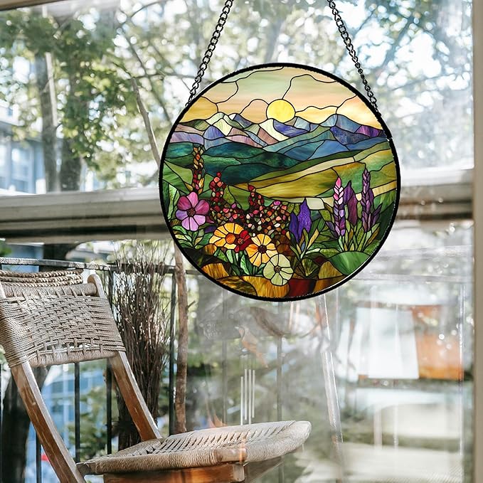 QZQCBLC Stained Glass Window Hanging Purple Wildflowers Pastoral Scenery Large 15" - Suncatcher Door Garden Sun Catcher Home Decor Birthday Christmas for Mom Men Woman Friend