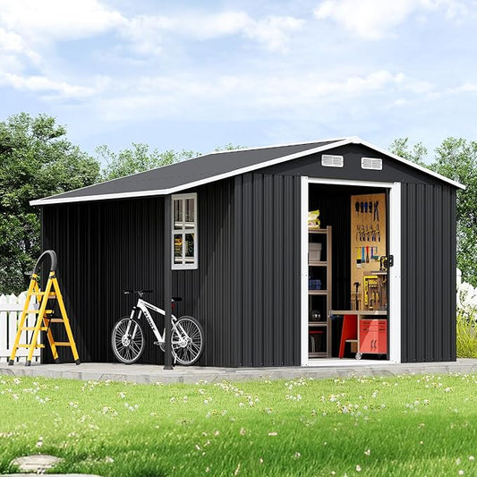 Jocisland 10.6x6.8x6.3 FT Outdoor Storage Shed with Sliding Doors, Two 4-Pane Windows, Open-Air Design Outdoor Shed for Wood Storage, Dark Grey/White