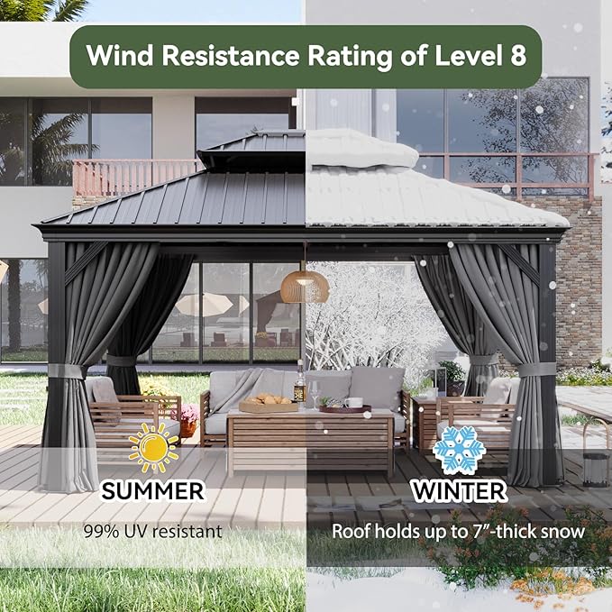 Aoxun 12' X 14' Hardtop Gazebo with Drainage System, Aluminum Outdoor Gazebo with Galvanized Steel Double Roof, Patio Permanent Metal Pavilion with Curtain and Netting, for Backyard, Deck, Grey