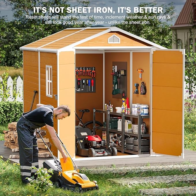 CDCASA 8x6 FT Resin Shed, Waterproof Large Outdoor Storage Shed with Floor Included & Vents, Outside Plastic Tool Shed for Garden Patio Poolside Lawn, Wood-Like Brown
