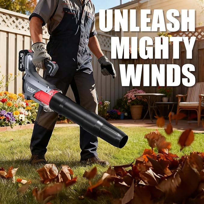 AMYBEST Leaf Blower Cordless, 21V Lightweight Electric Blower with 2 x 4.0Ah Batteries & Fast Charger, Variable Speed for Patio Cleaning, Lawn Care, Blowing Fallen Leaves and Dust (Gray)