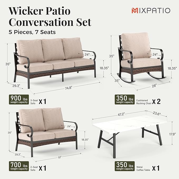 Patio Furniture Set with Coffee Table, Outdoor Conversation Set with 2 x Rocking Chairs, 1 x 2-Seat Sofa, 1 x 3-Seat Sofa for Lawn Garden Backyard, Beige