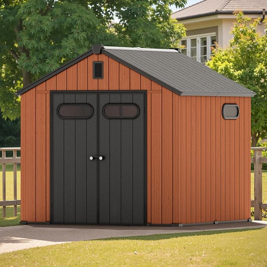 CRESTLIVE 8x8 FT Rust-Resistant Plastic Outdoor Storage Shed, Waterproof Resin Garden Shed with Floor, Doors, Skylight & Vent for Lawn Tools & Bikes