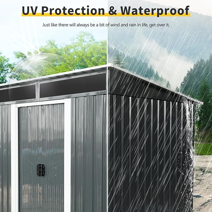6X5 FT Outdoor Storage Shed, Waterproof Metal Garden Sheds with Lockable Door, Steel Tool Storage Buildings Shed & Outdoor Storage House for Garden, Backyard, Patio, Lawn, Trash Cans(Black and White)
