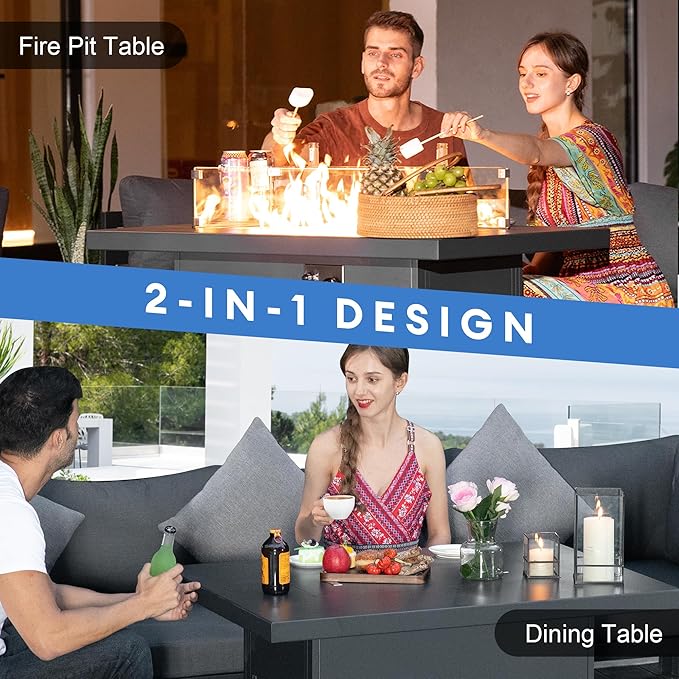 NICESOUL 43'' Aluminum Fire Pit Table, 60,000 BTU Propane/Natural Gas Outdoor Firepit with Wind Guard & Glass Rocks, All-Weather Rectangular Fireplace for Outside Patio CSA-Certified, Ember Black