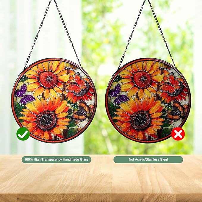 Wkyqes Sunflowers Handmade Stained Glass Window Hanging Suncatcher with Chain - 7.9" Outdoor/Indoor Art Decor for Home Garden, Wedding, Mother's, Valentine's & Christmas Ornaments Present
