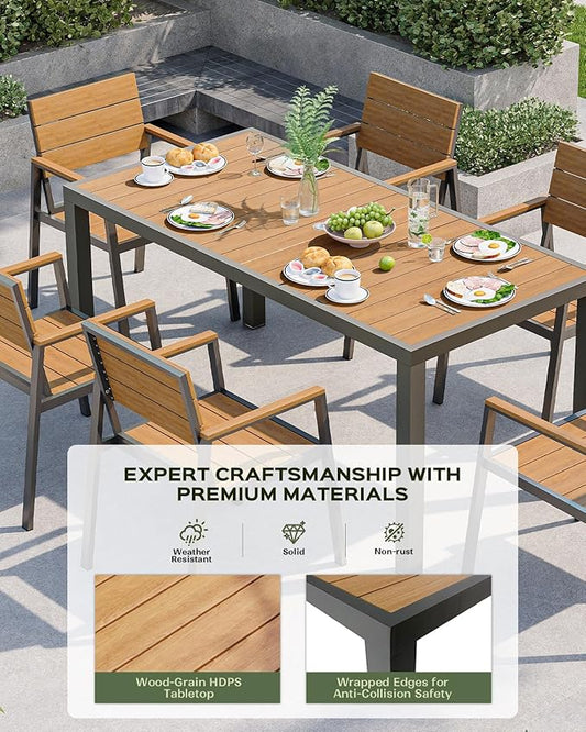Outdoor Dining Set for 6, Patio Table and Chairs Set, Aluminum Patio Furniture Set with Umbrella Hole, HDPS Patio Dining Table Set for 6 (Gray-Teak)