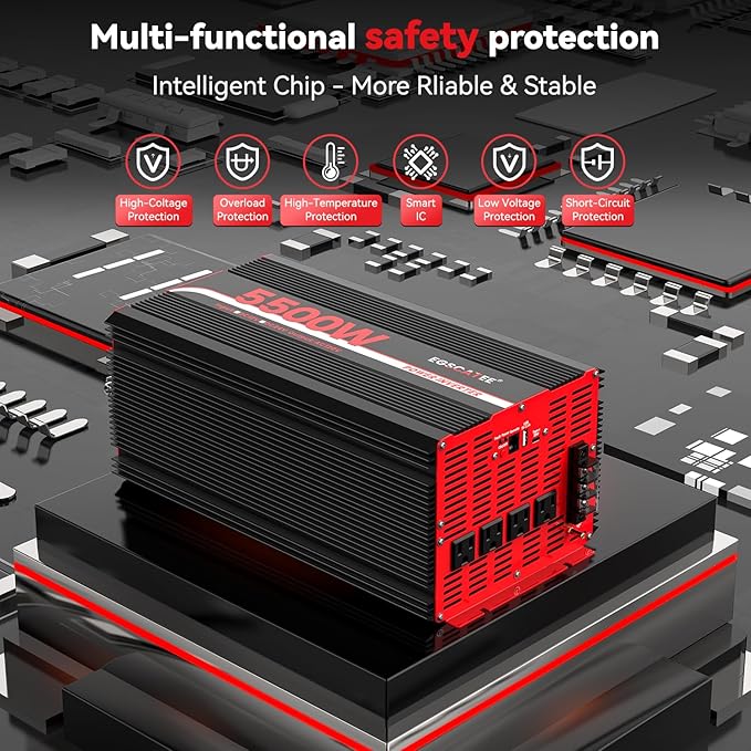 5500W Power Inverter 12V DC to 120V AC Converter for Truck, Home, RV, Peak 11000W Off-Grid Solar Power Inverter with 4 AC Outlets, USB Port,Type-C Port, Remote Controller with LCD Screen