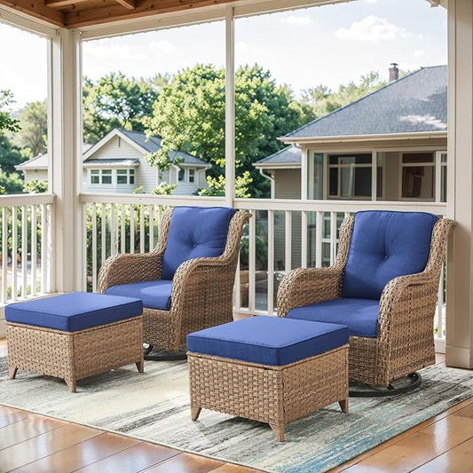 Belord 4 Pieces Patio Furniture Sets, Wicker Patio Swivel Glider Chair with Ottomans, Outdoor Furniture Set for Outside Porch, Deck, Balcony, Garden, Yellow
