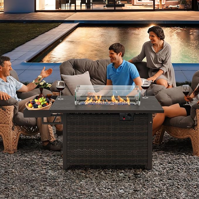 Giantex 52" Outdoor Propane Fire Pit - 50,000 BTU Wicker Patio Gas Fire Table w/Lid, Waterproof Cover, Tempered Glass Wind Guard & Blue Fire Stone, PE Rattan Firepit Table w/Storage Shelf (Brown)