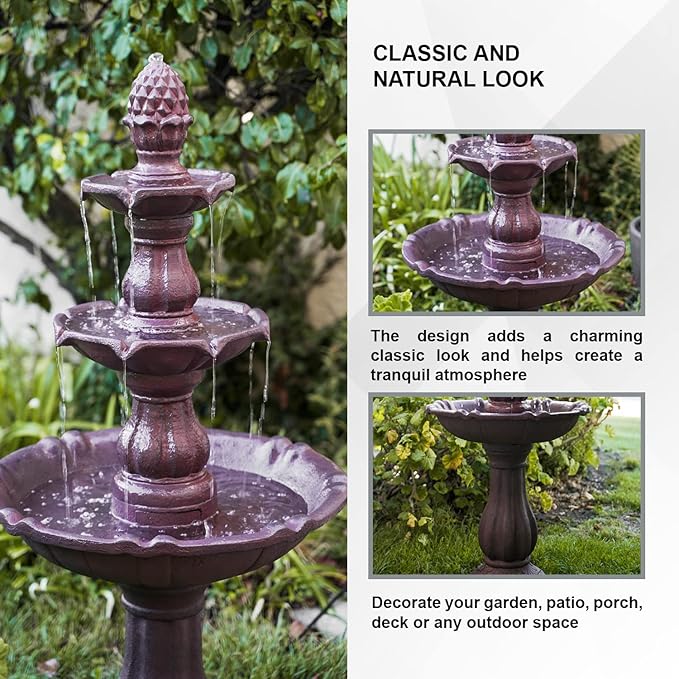XBrand 3-Tier Water Fountain w/Pump & Pineapple Top, 51 Inch Tall, Brown, Large Outdoor Freestanding Waterfall Decor for Porch, Lawn and Garden